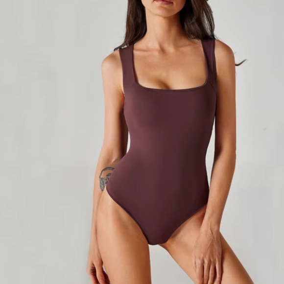 Dynamite Tops - DYNAMITE Womens Square Neck Tank Bodysuit Bitter Chocolate XS Slim Fit